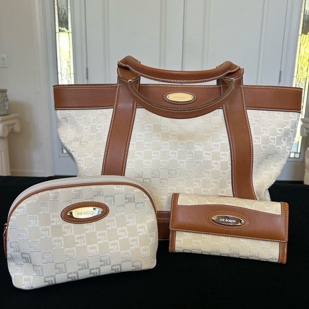 Extremely Rare St. John Cream and Brown Leather Trim Women's Bag Set
